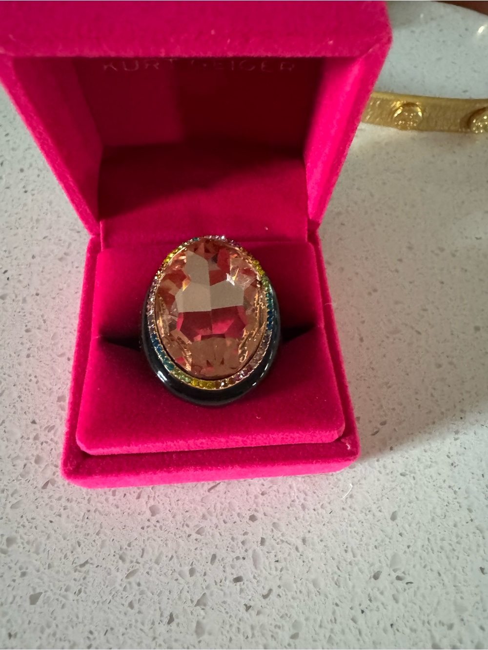 Kurt Geiger Peach Pink Crystal Cocktail Ring